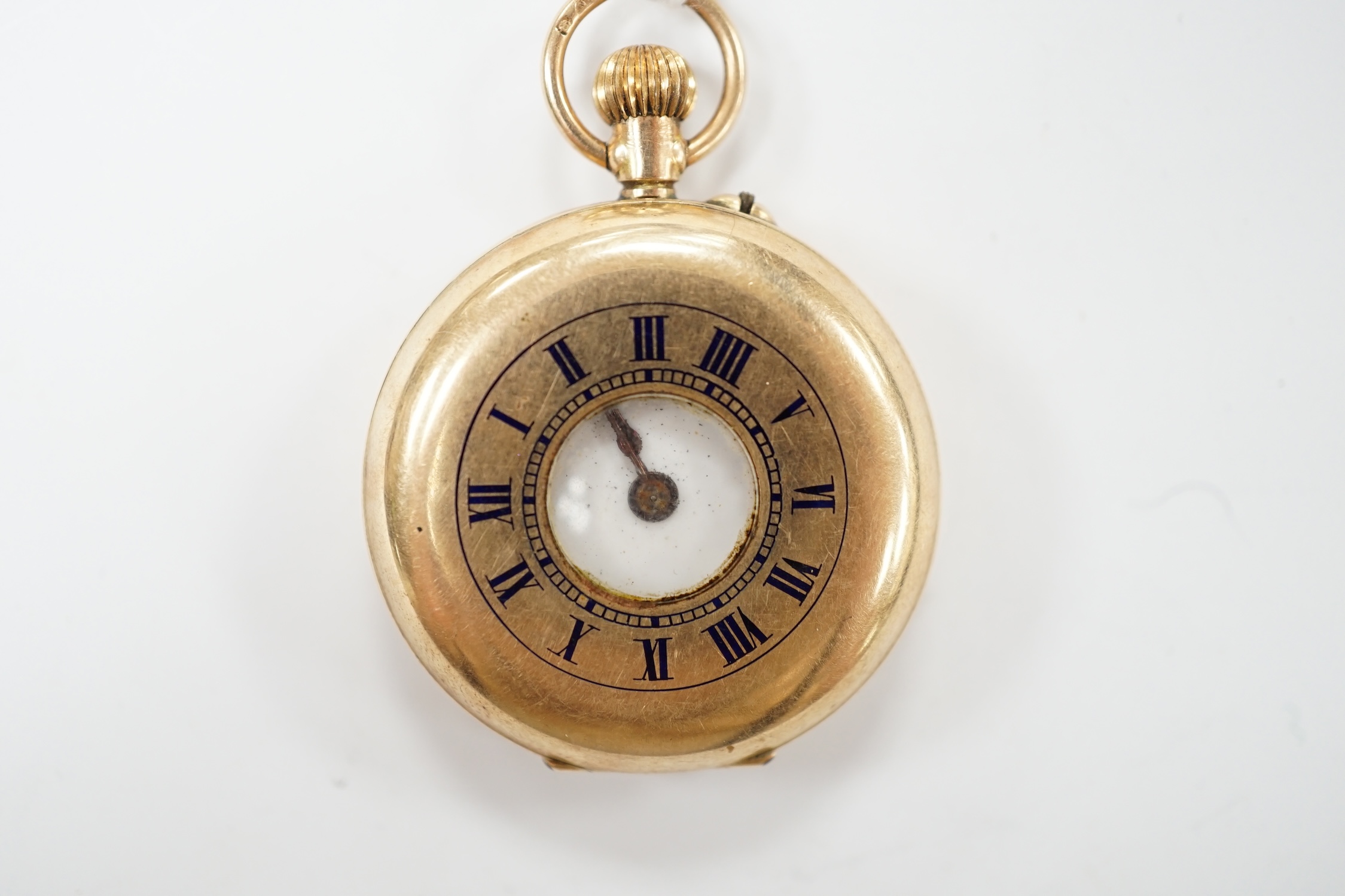 An Edwardian 12ct gold half hunter fob watch, with Arabic dial and Roman chapter ring, gross weight 20.8 grams. Condition - poor